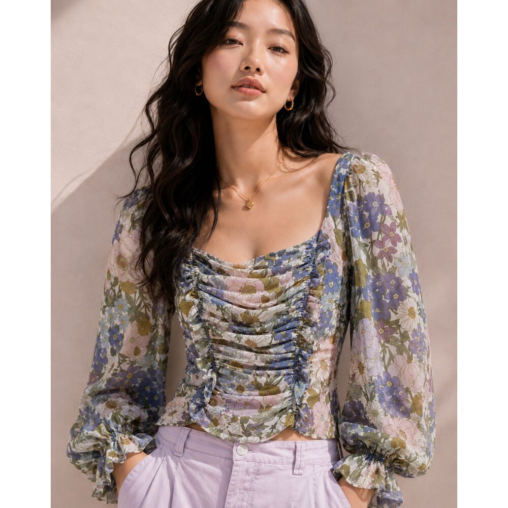 ASTR The Label Tonina Top S Floral Ruched Corset Blouse Cottagecore Romantic